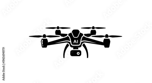 A sleek black drone with AI technology and propellers on a white background Abstrack background