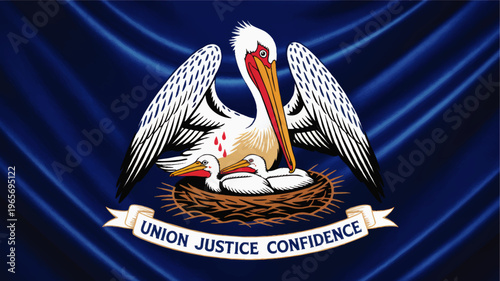 Louisiana state flag illustration with pelican and chicks on blue silk fabric, Union Justice Confidence motto, patriotic USA background