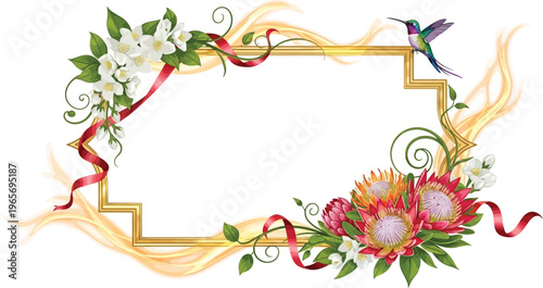 A vibrant floral frame with a hummingbird and ribbons on a white background