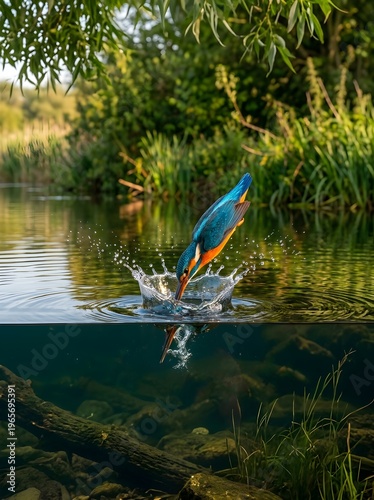 Kingfisher bird diving gracefully into clear water creating a magnificent splash