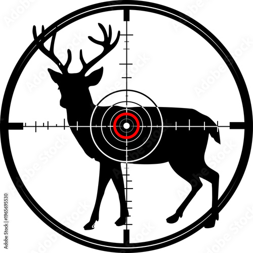 Deer Silhouette in Scope: A stark black silhouette of a deer, centered within the crosshairs of a telescopic scope, evoking a sense of tension and anticipation.