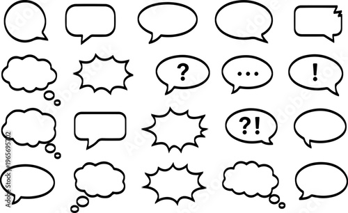 Communication Bubbles Variety: An assortment of speech bubbles and thought bubbles, representing various forms of dialogue and inner monologues. Conveying the idea of communication, expression.