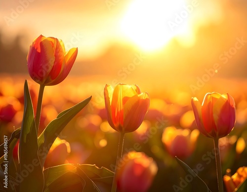 A field of blooming flowers is bathed in warm sunlight, creating a vibrant scene. The flowers are in focus