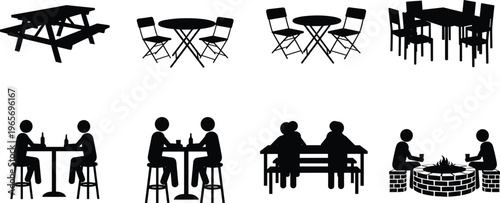 Outdoor Furniture and Social Gathering Icon Set with Picnic Table Bistro Set Dining Chairs Fire Pit and People Silhouettes for Vector