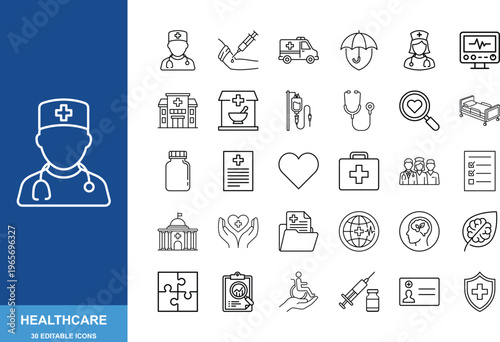 Healthcare medical line icon set for hospital, clinic, and health web design UI projects