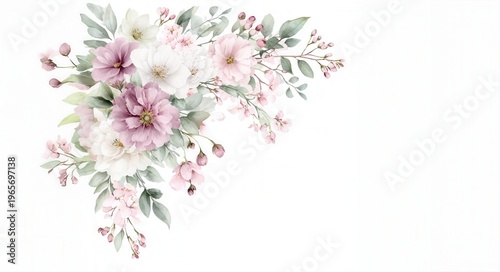 Delicate watercolor floral arrangement creating a corner border, featuring pink, white, and purple blossoms with green leaves
