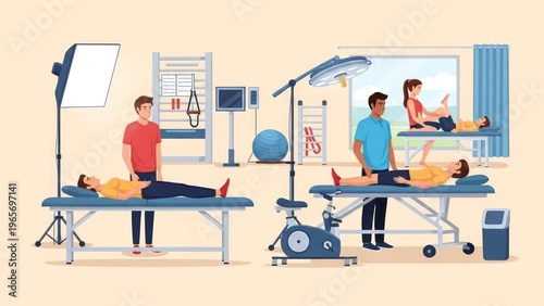 Multiple medical settings display physical therapy, examinations, and rehabilitation exercises