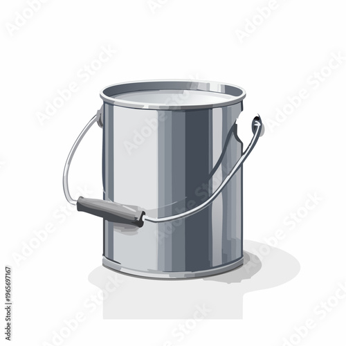 A shiny metal bucket filled with white paint, ready for home renovation or artistic projects, isolated on a clean background, perfect for design assets
