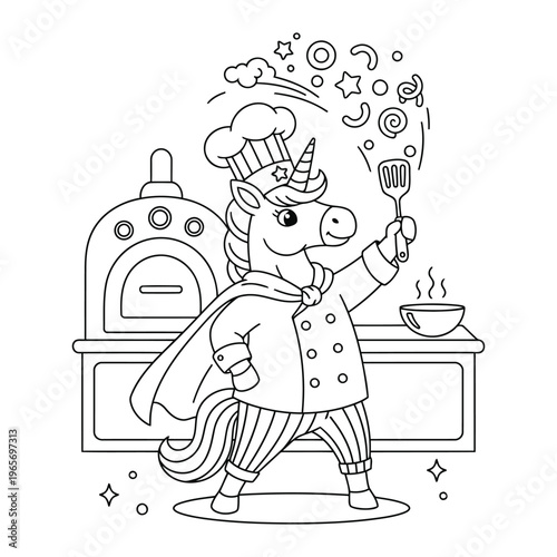 Unicorn is cooking as a heroic superhero chef in a magical kitchen as a creative coloring page
