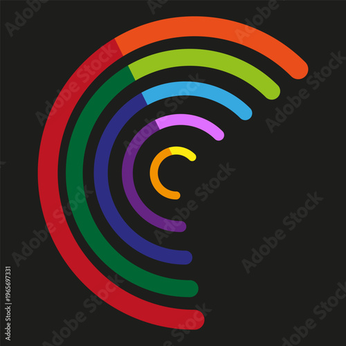 Colorful arc Vector. Dark background design. Rainbow circle segment. Vibrant round lines. Manual vector only. No autotrace used.