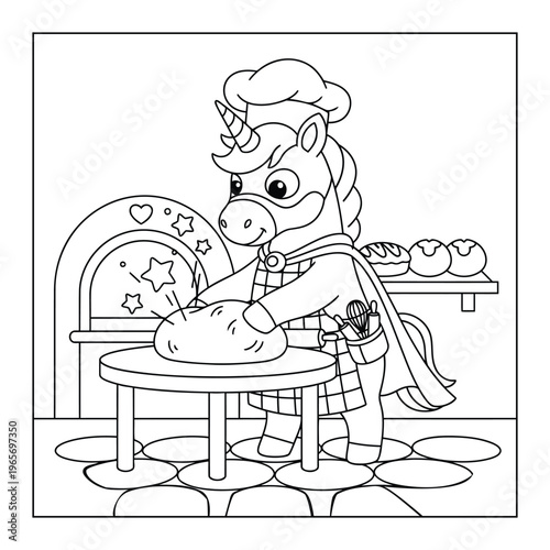 Unicorn coloring page cute baker kneading dough with magical oven in kitchen