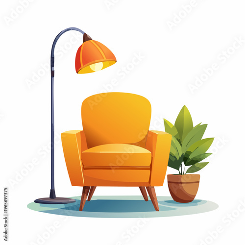 Vibrant and Cozy Armchair with Floor Lamp and Plant, Creating a Welcoming Interior Space