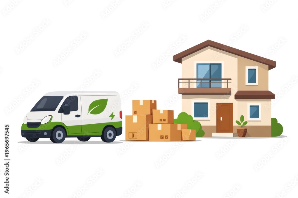 Obraz premium Electric delivery van with green leaf and lightning logo parked by a residential house next to stacked cardboard boxes, symbolizing eco friendly home delivery and low carbon logistics