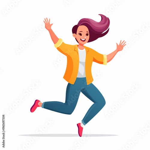 Excited young woman jumping with joy and arms raised in a casual outfit