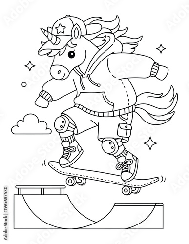 Unicorn coloring page skateboarding at skatepark wearing protective gear