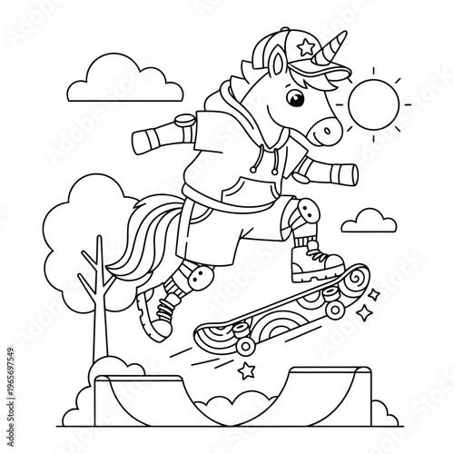Unicorn coloring page skateboarding trick at skatepark with protective gear