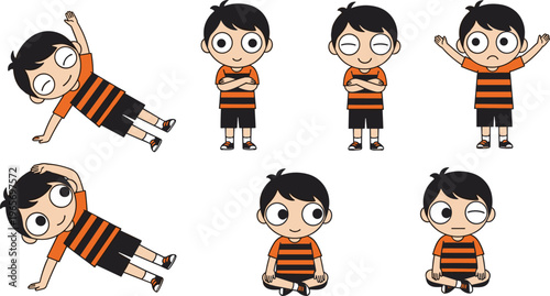 Set of cute cartoon boy characters with different emotions and poses, young male avatar doing exercises and sitting isolated on white background