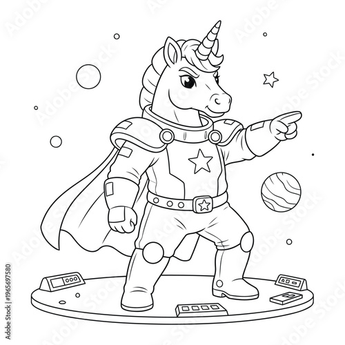 Unicorn coloring page as a space commander pointing in galaxy with planets