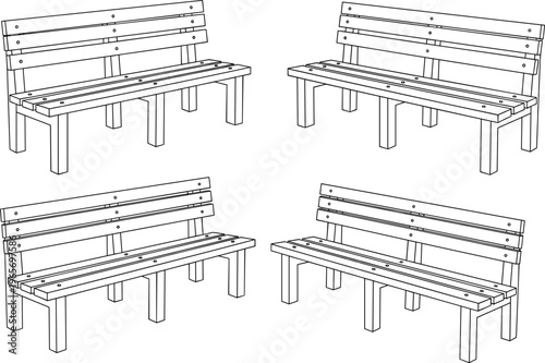 Set of park bench line art illustrations, wooden garden seating sketches for coloring book, outdoor furniture icons isolated on white background