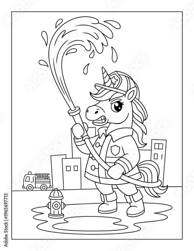 Unicorn firefighter coloring page spraying water with hose in a playful fire rescue scene