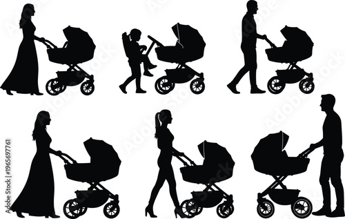 Set of silhouettes featuring parents and children walking with baby strollers, families strolling with newborn carriages isolated on white background