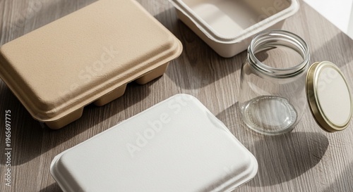 Reusable containers and glass jars on table.