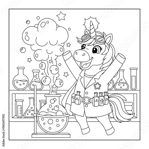 Tableau sur toile Unicorn coloring page celebrating a magical chemistry experiment