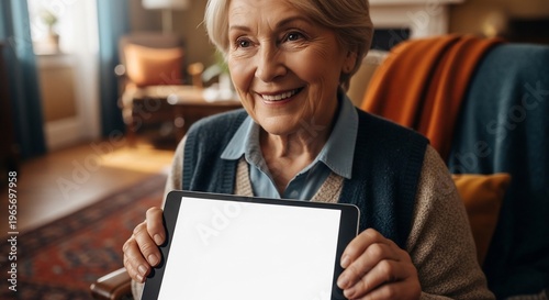 Smiling senior woman holding tablet.
