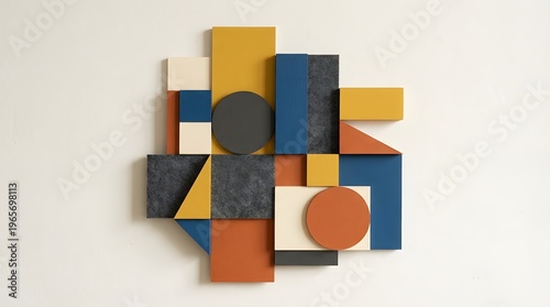 A modern abstract composition of geometric shapes in various colors and textures mounted on a wall