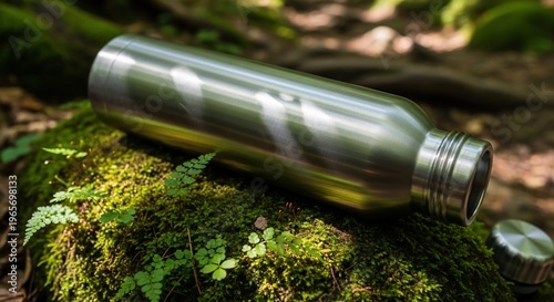 Stainless steel water bottle on moss.