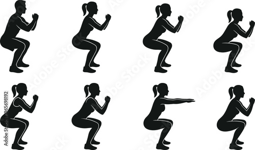 Silhouettes of people performing squat exercises in side view showing proper form, bent knees, arm positions, fitness posture, and workout reference