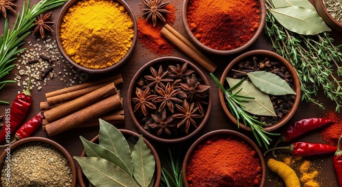 Variety of spices and herbs displayed.
