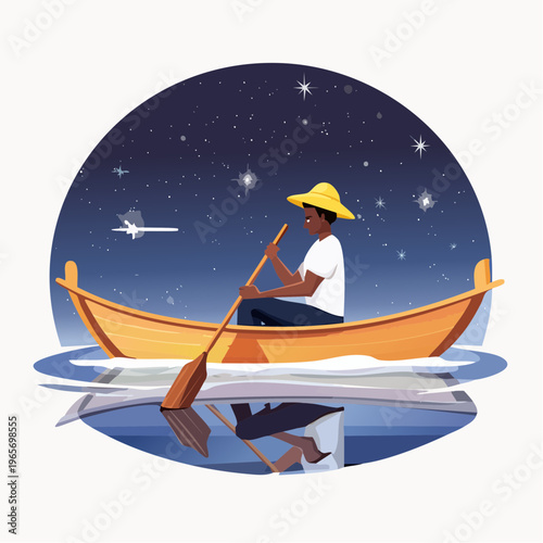Serene night journey a person rowing a wooden boat beneath a sky full of glistening stars