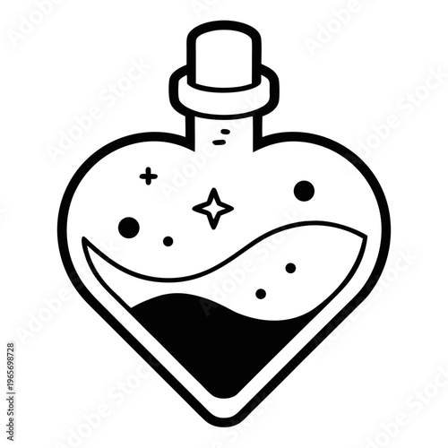 A black and white line art drawing of a heart shaped glass bottle with a cork stopper containing a dark liquid and stars.