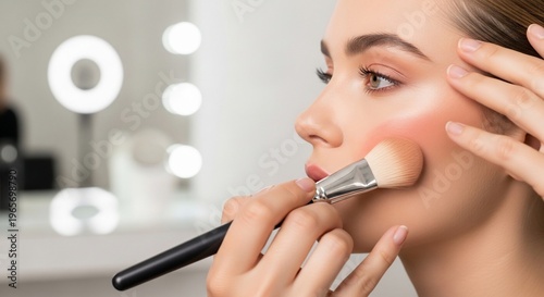 Woman applying makeup with brush closeup.