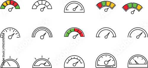 Vector illustration of 12 gauge icons—dashboard meters for performance, speed, data visualization, UI design, analytics, and measurement reference