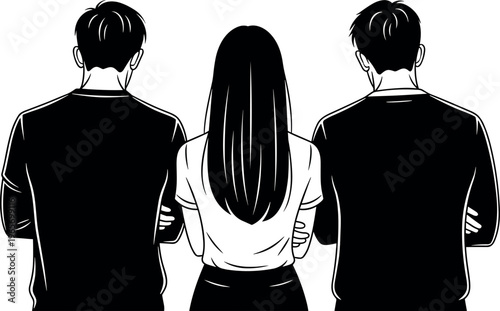 Three people silhouette from back, friendship and support concept, group unity, human relationship illustration, teamwork bonding, isolated figures, social connection design