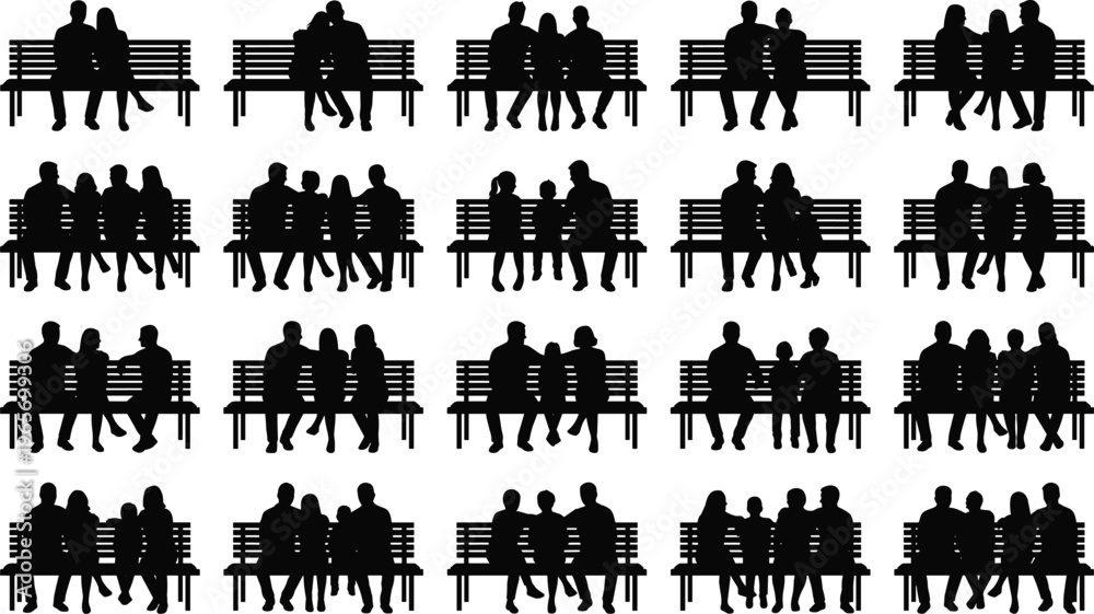 Obraz premium Silhouettes of people sitting on benches in pairs and groups showing social interaction, posture, relaxed poses, and design reference