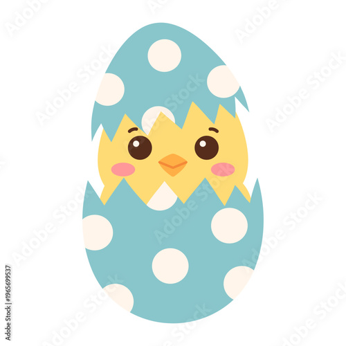 Cute chick hatching from decorated Easter egg isolated on white background. Simple adorable spring illustration for holiday card, kids design, nursery decor. Flat vector. Hand drawn.