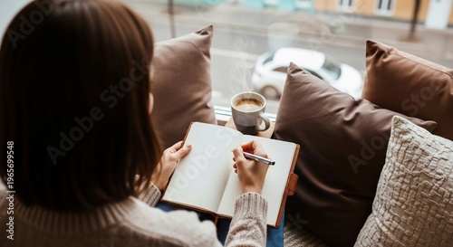 Woman writing in notebook on couch.