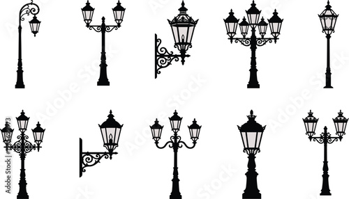 Vintage street lamp silhouettes with ornate detailing, multiple lantern designs, wall‑mounted and post styles, classic European historical aesthetic reference