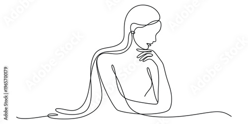 Minimalist continuous line drawing of a graceful woman with long flowing hair resting her chin