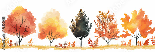 Minimalist watercolor autumn trees landscape with colorful fall foliage in orange yellow brown tones vector background illustration