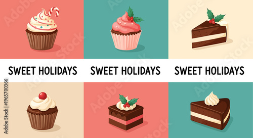 Sweet holiday desserts and cakes with festive decorations and toppings