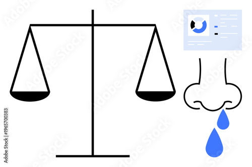 Justice and health concept. Scales of justice signify law and ethics, while a nasal illustration and analytics health and data study. For healthcare, law, ethics, well-being, data analysis