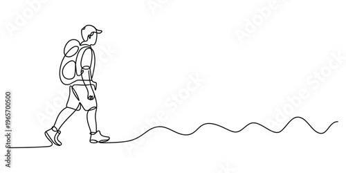 A continuous single line drawing of a person walking forward with a backpack on their shoulders