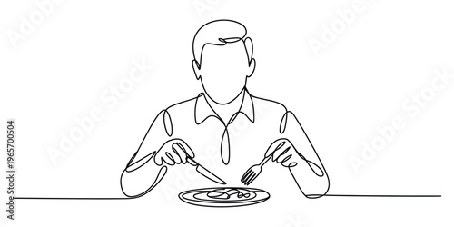 A continuous line drawing of a man sitting at a table and eating a meal with a knife and a fork