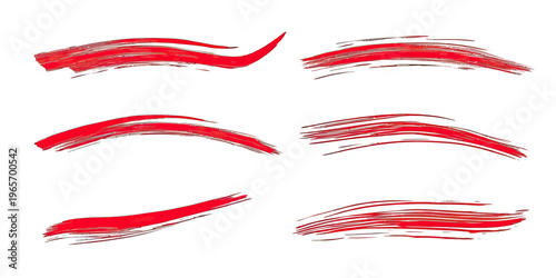 Set of six red brush stroke underlines and marker pen highlight strokes in flat minimalist vector style for accent and emphasis design elements