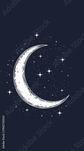 White crescent moon with glowing stars and scattered sparkles on dark night sky background vector illustration in minimalist style