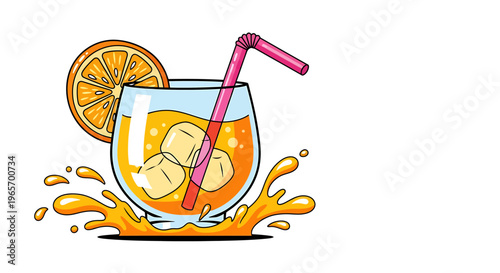 Cartoon orange cocktail with ice cubes and pink straw  summer drink